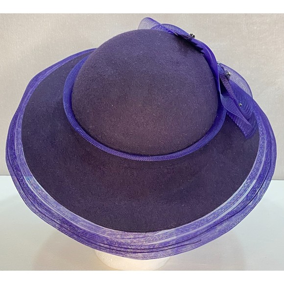 Bellini Womens Hat Purple 100% Wool Wide Brim Ribon Lace Rhinestone Band - Picture 3 of 10